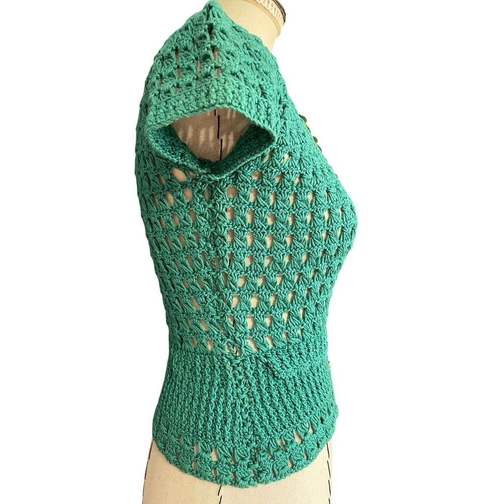 Beth Bowley Crochet Sequin Teal Cardigan Women's Small 100% Cotton Romantic - Picture 4 of 10